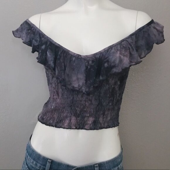 AE Soft & Sexy Off Shoulder Ruffle Tie Dye elasticized Crop top - Picture 2 of 7